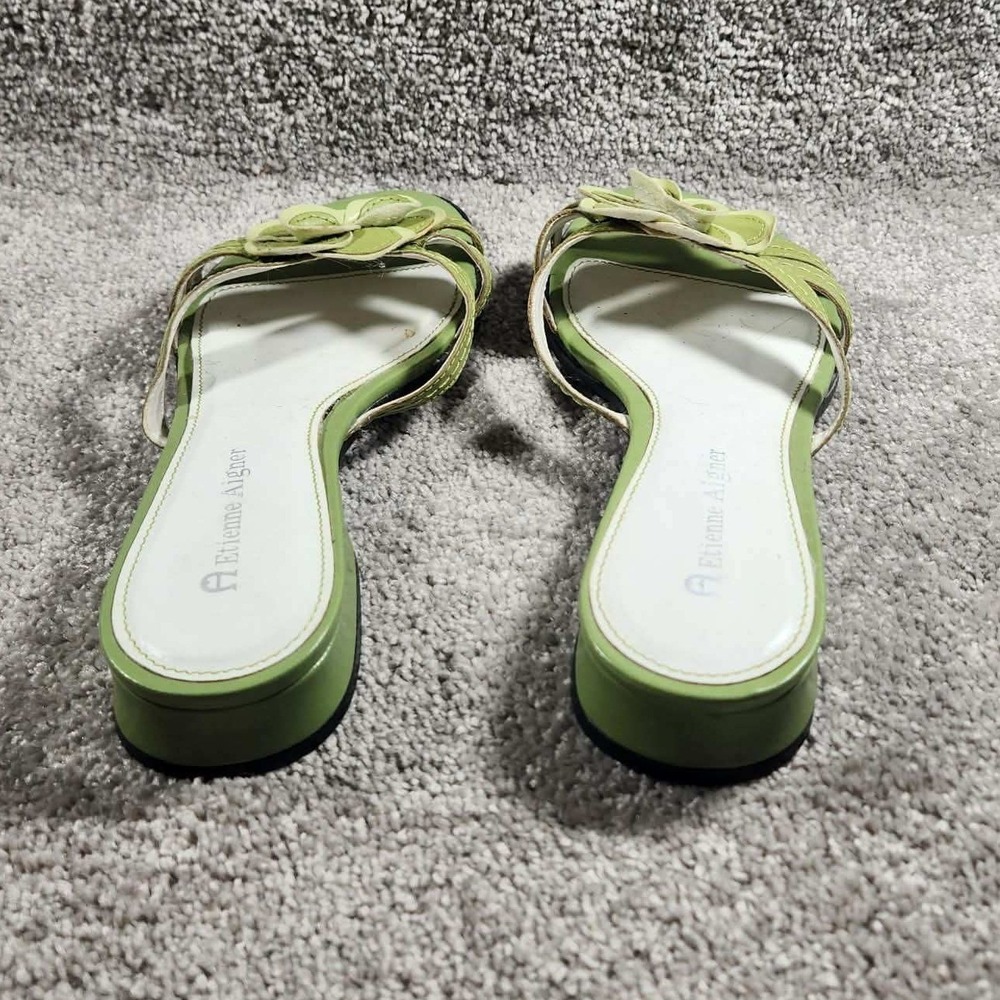 Etienne Aigner Helga Sandals Green Leather Floral Slide Low Block Heel Womens 7 - Picture 9 of 10